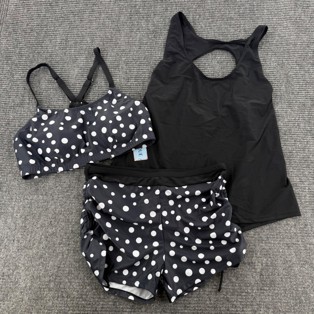 Yonique Womens XL Black Polka Dot 3 Piece Swimsuit Set Bikini Top Shorts Tankini
